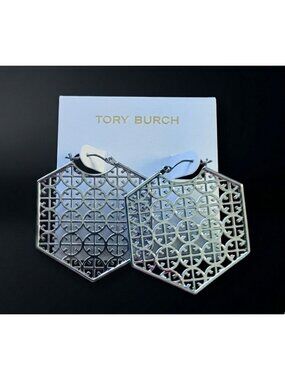 Tory Burch Silver Stacked Logo Hoop Earrings - 97781